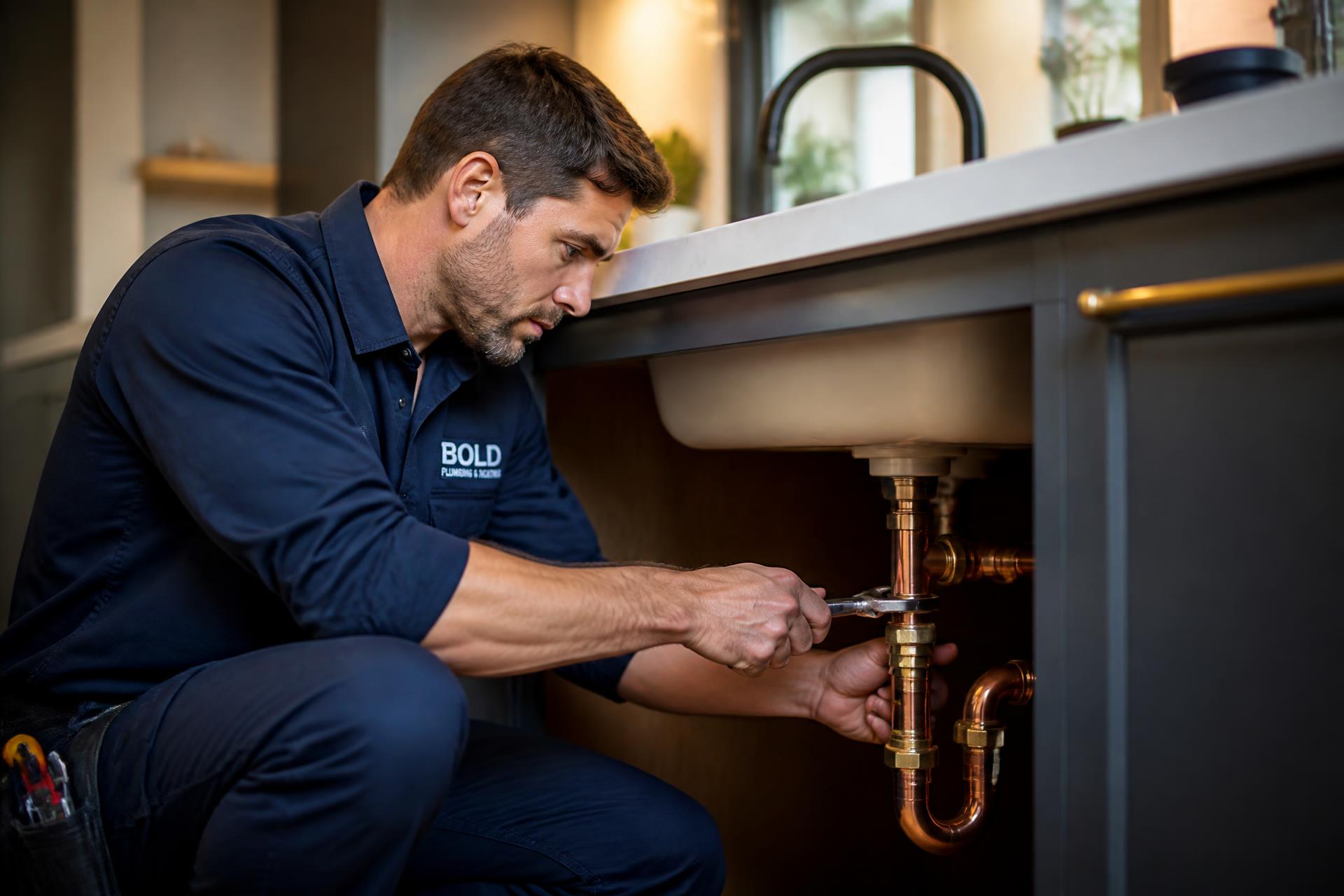 Licensed JLS plumber servicing modern copper pipes under a kitchen sink
